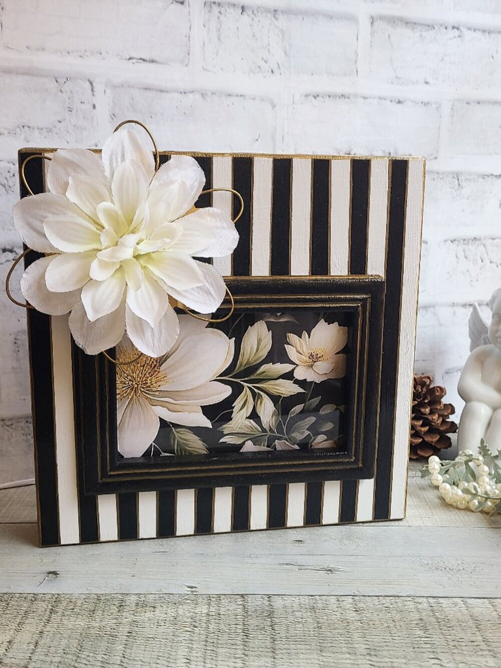 Striped Picture Frame Black White Checked Picture Frame Hand Painted Whimsy